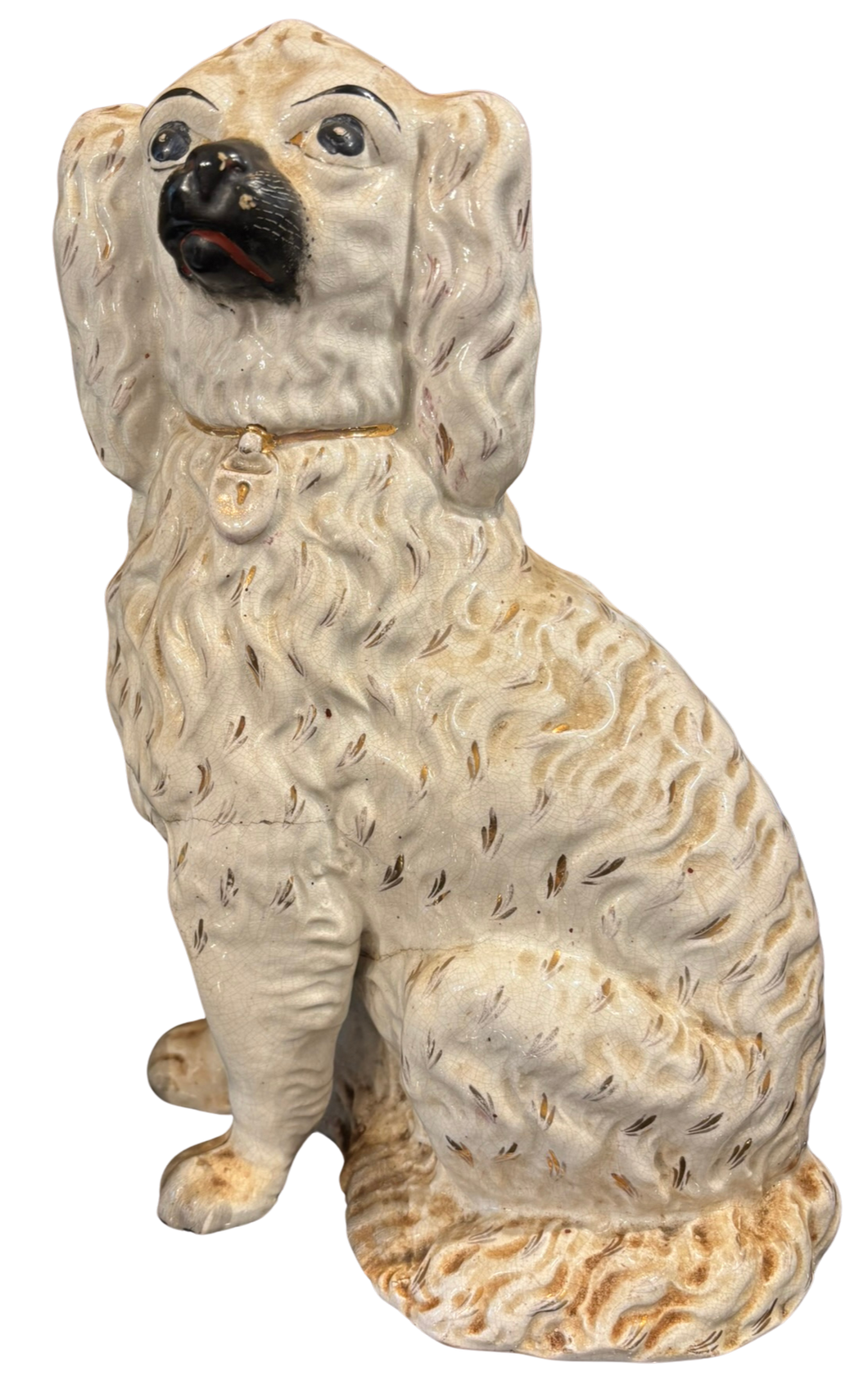 Antique Staffordshire Dog Spaniel Victorian Era Unique Pottery Figurine Seated