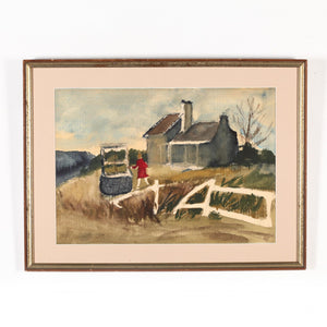 Girl at Wishing Well, Watercolor, Signed F.H. Lewis