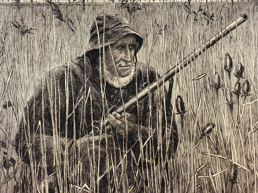 Duck Hunter Kneeling in the Field Engraving