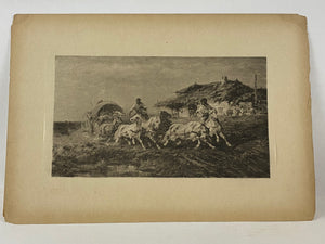 After Adolf Schreyer Horse and Wagon Chase Art Antique Photogravure Print
