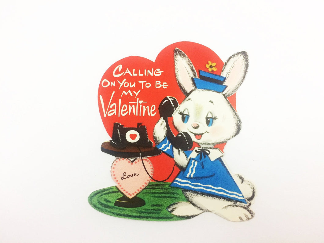 Bunny Calling Vintage Valentine Card 1950's 