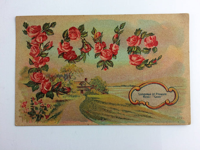 Antique Valentine Postcard Love in Roses Vintage Original 1910