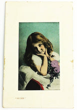 Load image into Gallery viewer, So Shy Chromolithograph Girl Image Antique Valentine Postcard Early 1900s