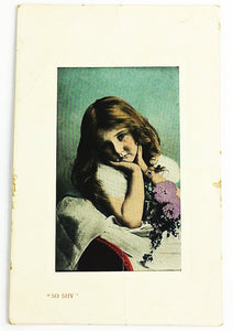 So Shy Chromolithograph Girl Image Antique Valentine Postcard Early 1900s